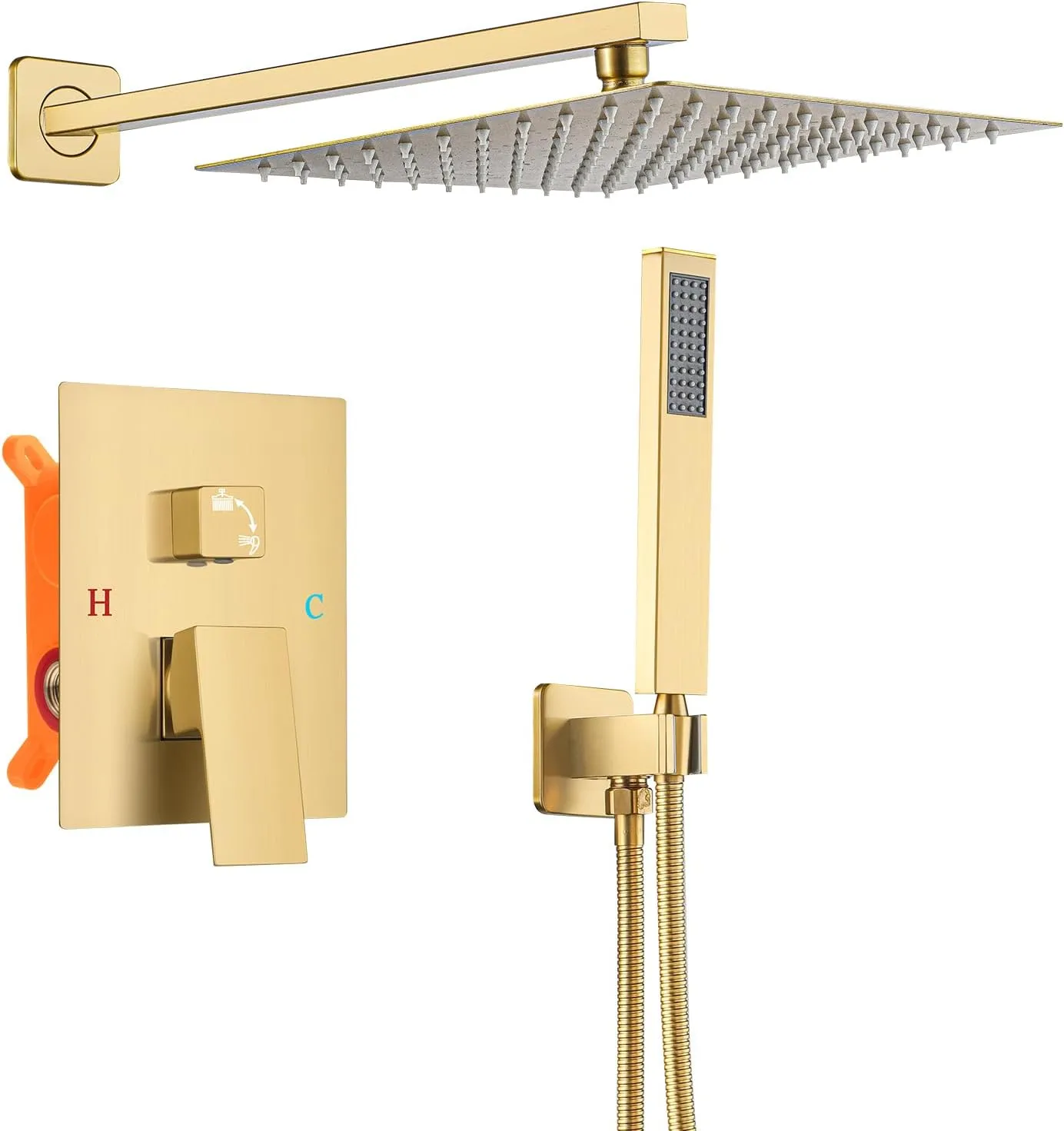 Wall-Mounted Bathroom Shower Faucet Set, With Shower Valve Shower Head and Handle Trim Kits, Rain Shower System(Brushed Gold,10 Inch)