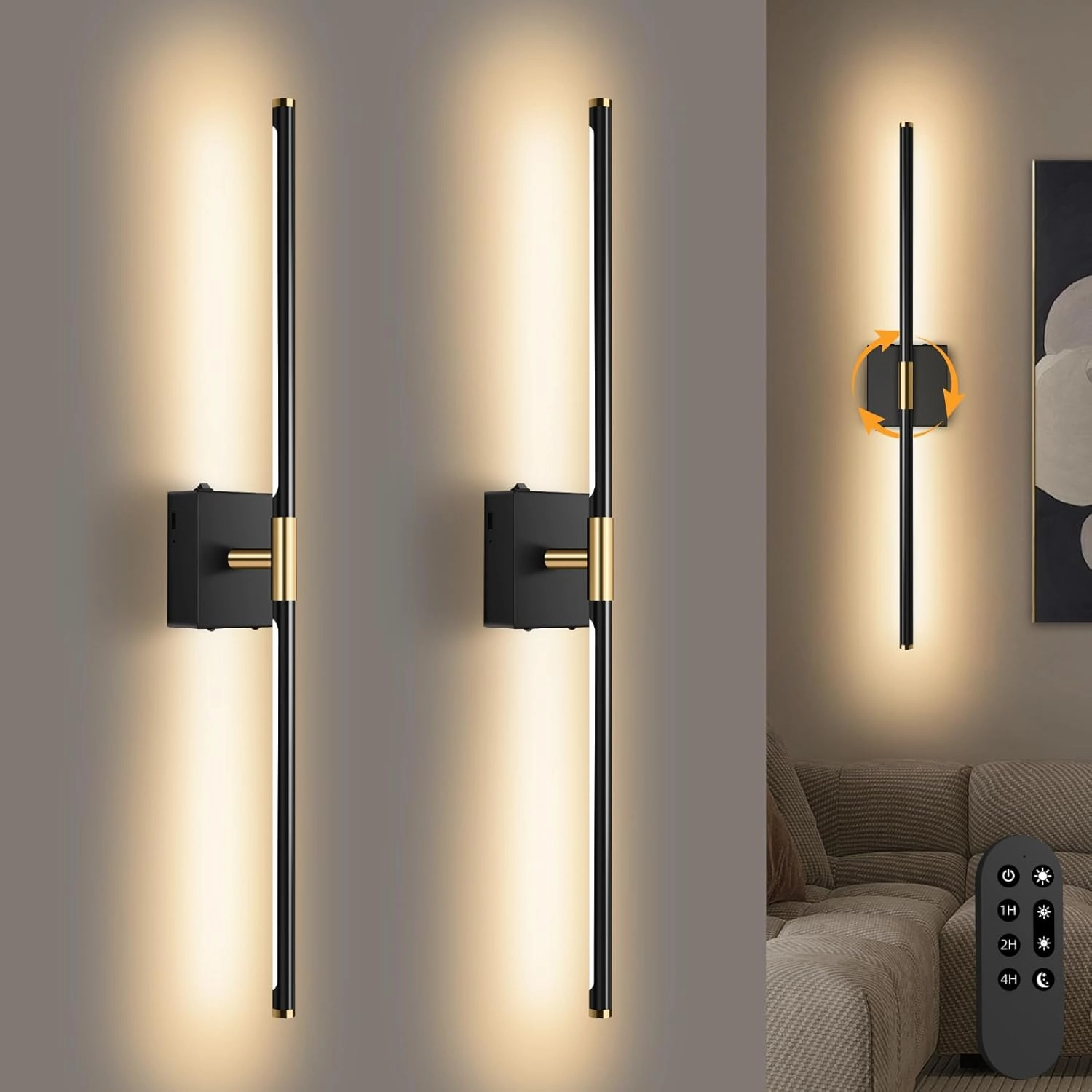 Wall Sconces Set of 2 Battery Operated, Wireless USB Rechargeable Wall Lights with Remote Control, 360° Rotation, 5200mAh LED Dimmable Picture Lamp for Living Room,Bedroom,Hallway (30in Black)