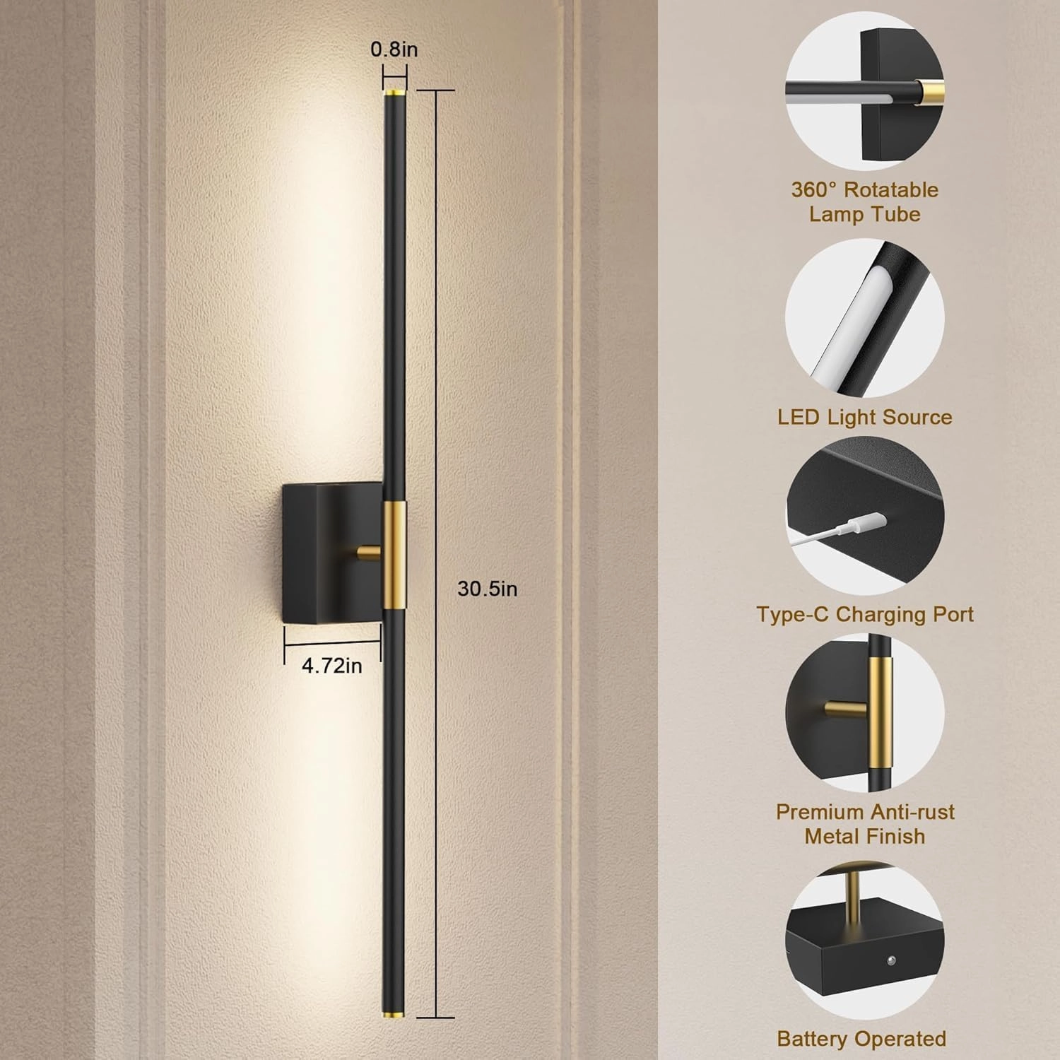 Wall Sconces Set of 2 Battery Operated, Wireless USB Rechargeable Wall Lights with Remote Control, 360° Rotation, 5200mAh LED Dimmable Picture Lamp for Living Room,Bedroom,Hallway (30in Black)