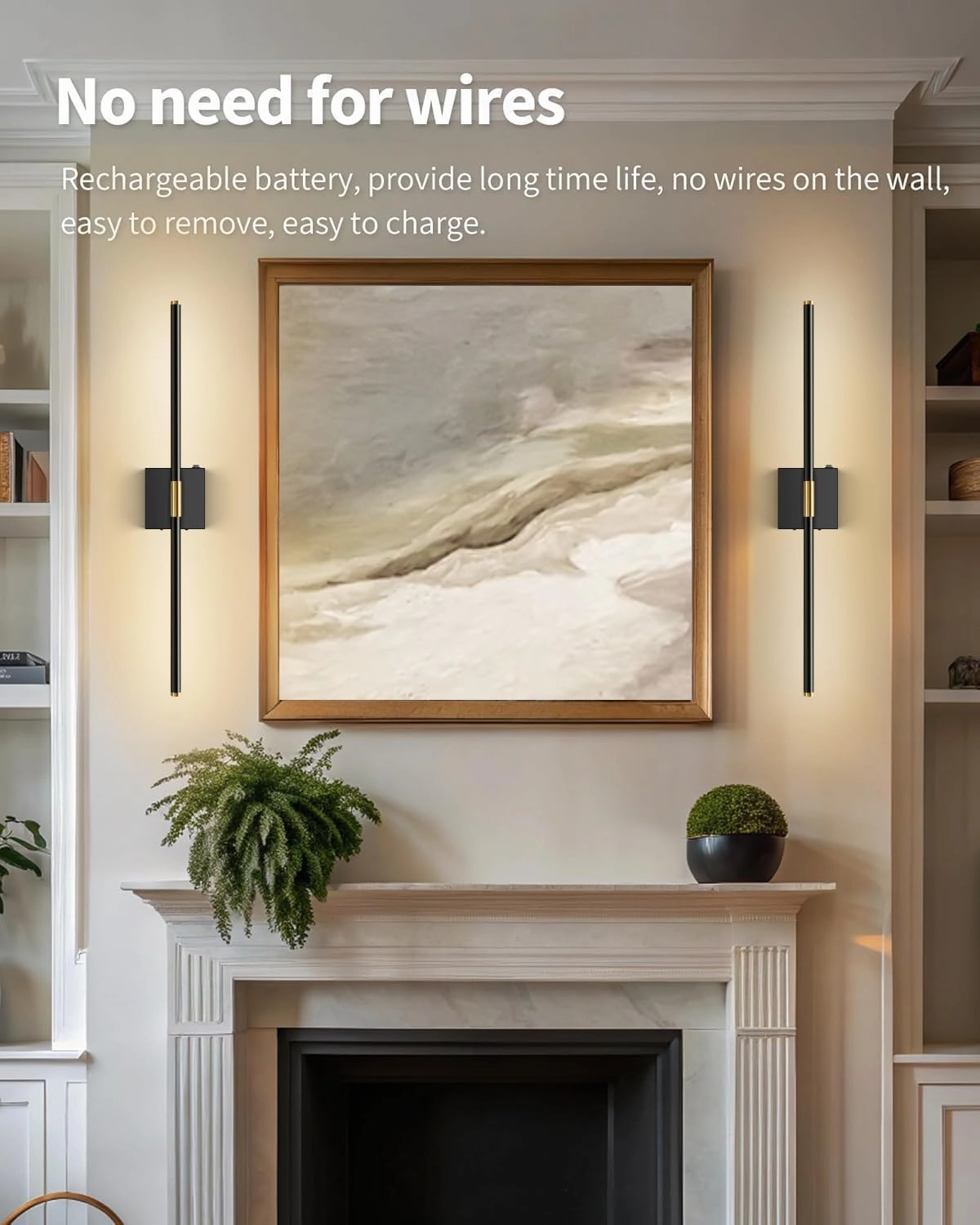 Wall Sconces Set of 2 Battery Operated, Wireless USB Rechargeable Wall Lights with Remote Control, 360° Rotation, 5200mAh LED Dimmable Picture Lamp for Living Room,Bedroom,Hallway (30in Black)