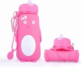 Water Bottle Cartoon Kettle Portable Anti-fall and Leak-proof Silicone Folding Water Cup Outdoor Sports Cup(Pink penguin bottle)
