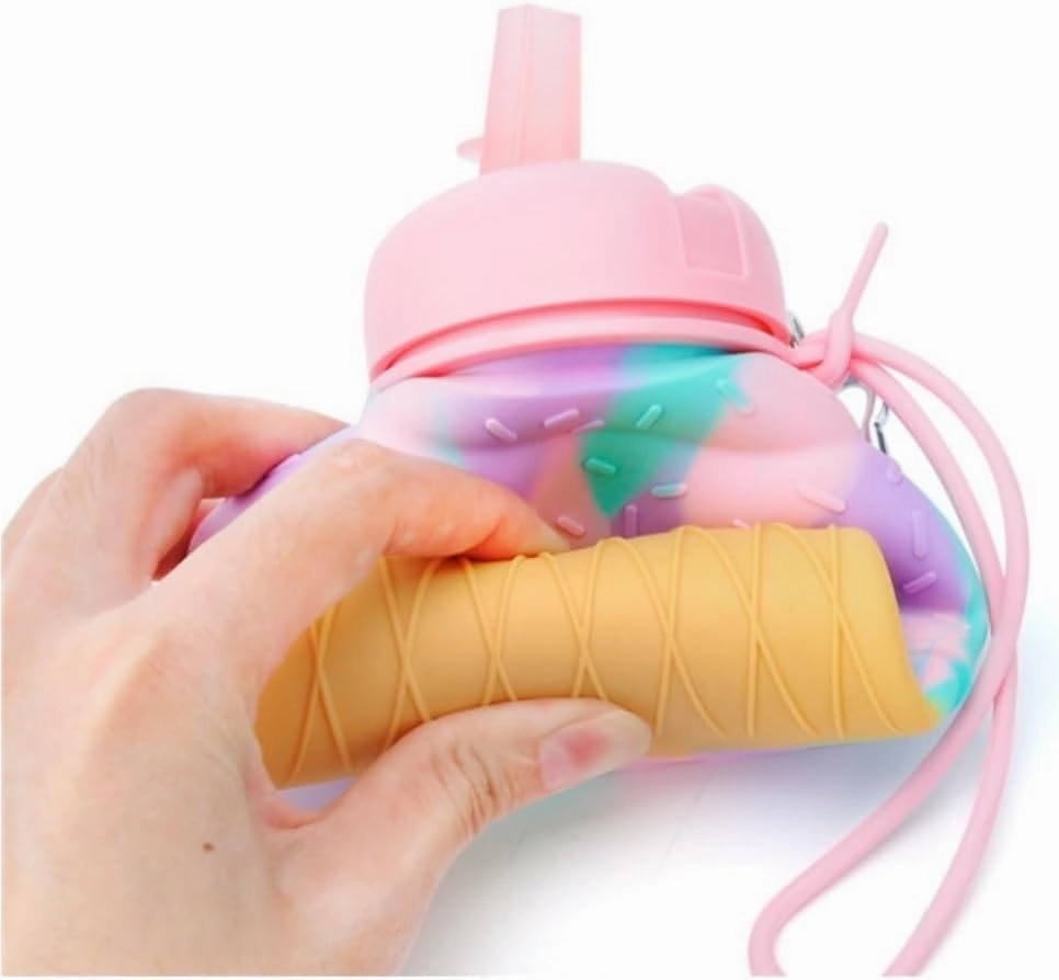 Water Bottle Cartoon Kettle Portable Anti-fall and Leak-proof Silicone Folding Water Cup Outdoor Sports Cup(Pink penguin bottle)