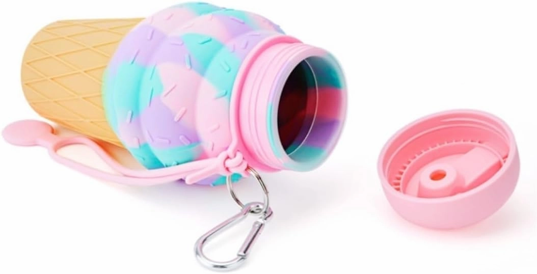 Water Bottle Cartoon Kettle Portable Anti-fall and Leak-proof Silicone Folding Water Cup Outdoor Sports Cup(Pink penguin bottle)