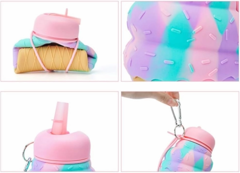 Water Bottle Cartoon Kettle Portable Anti-fall and Leak-proof Silicone Folding Water Cup Outdoor Sports Cup(Pink penguin bottle)