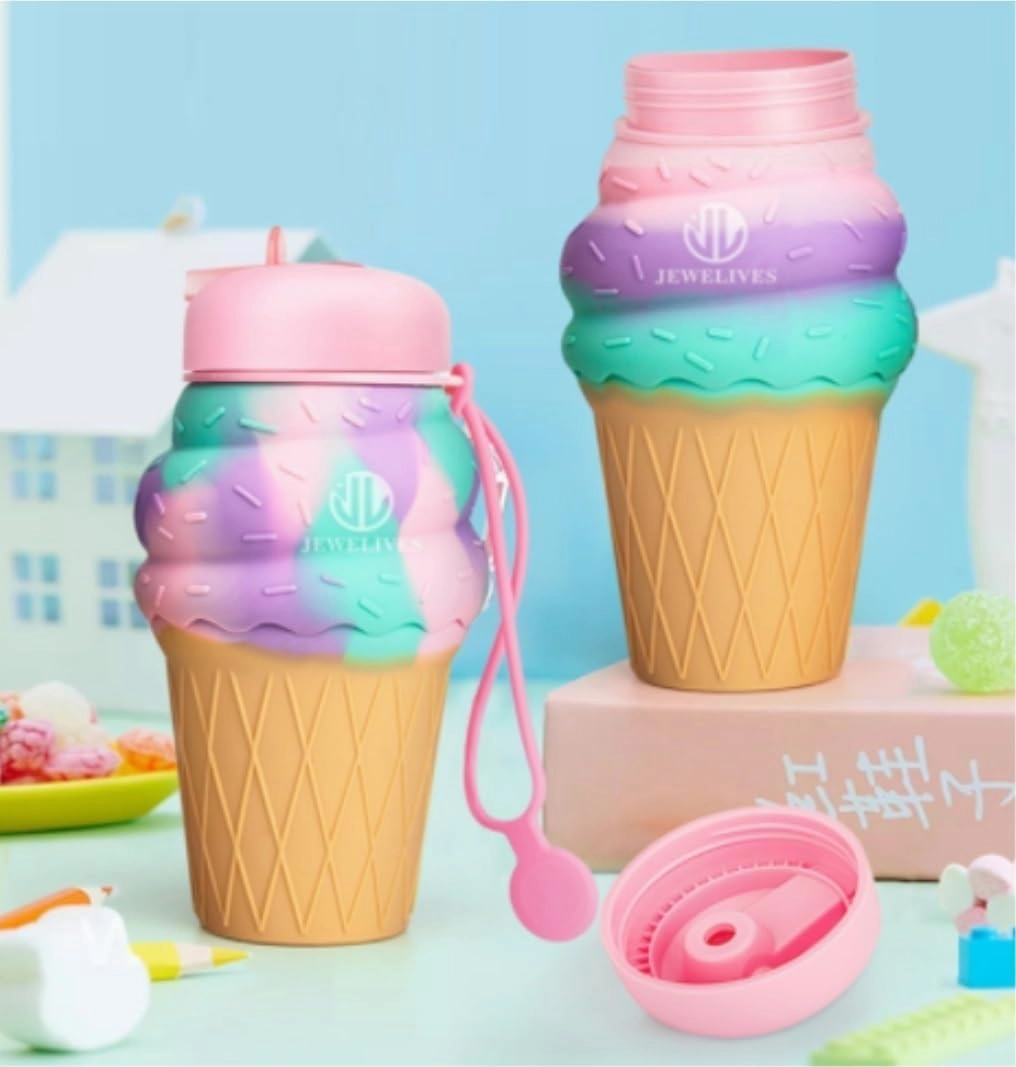 Water Bottle Cartoon Kettle Portable Anti-fall and Leak-proof Silicone Folding Water Cup Outdoor Sports Cup(Pink penguin bottle)