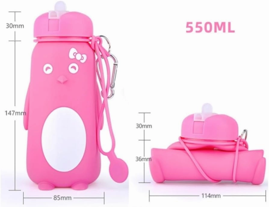 Water Bottle Cartoon Kettle Portable Anti-fall and Leak-proof Silicone Folding Water Cup Outdoor Sports Cup(Pink penguin bottle)