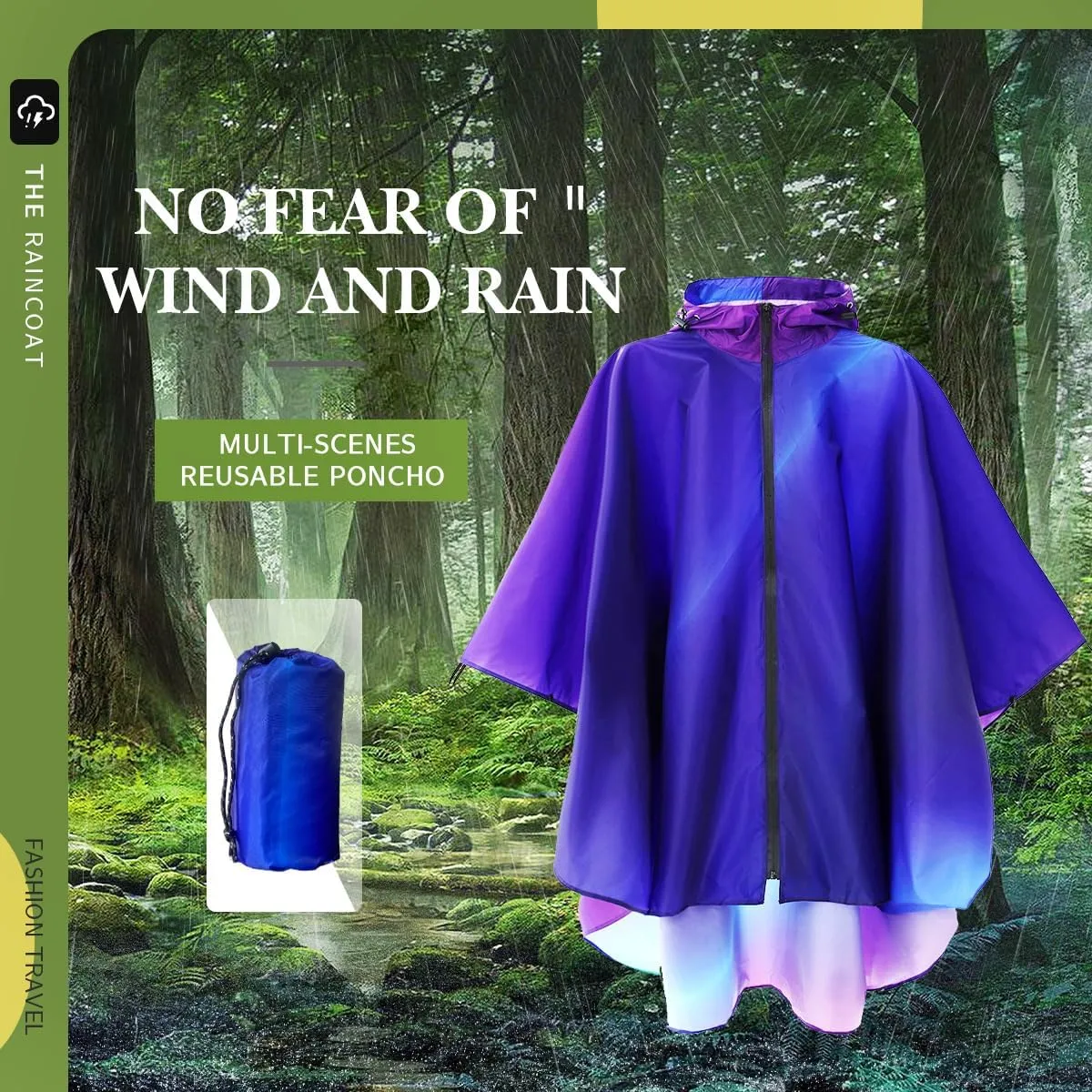 Waterproof Hooded Lightweight Rain Poncho for Adults Women Men with Pockets Unisex Fashion Zipper Jacket Coat