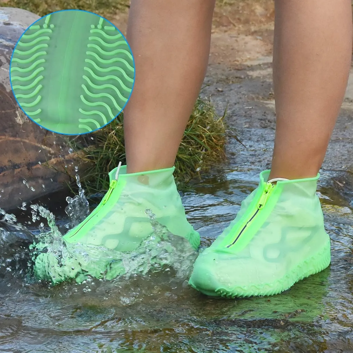 Waterproof Shoe Covers, Silicone Reusable Shoe Cover Non-slip Durable Zipper Elastic Rain Cover Protection for Men Women (L (Women 7.5-10.5, Men 6.5-9), Green)