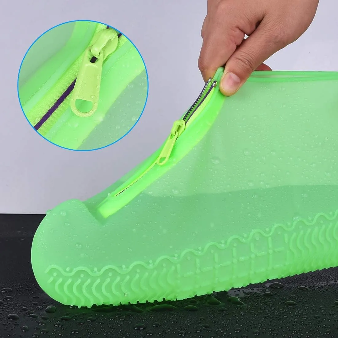 Waterproof Shoe Covers, Silicone Reusable Shoe Cover Non-slip Durable Zipper Elastic Rain Cover Protection for Men Women (L (Women 7.5-10.5, Men 6.5-9), Green)