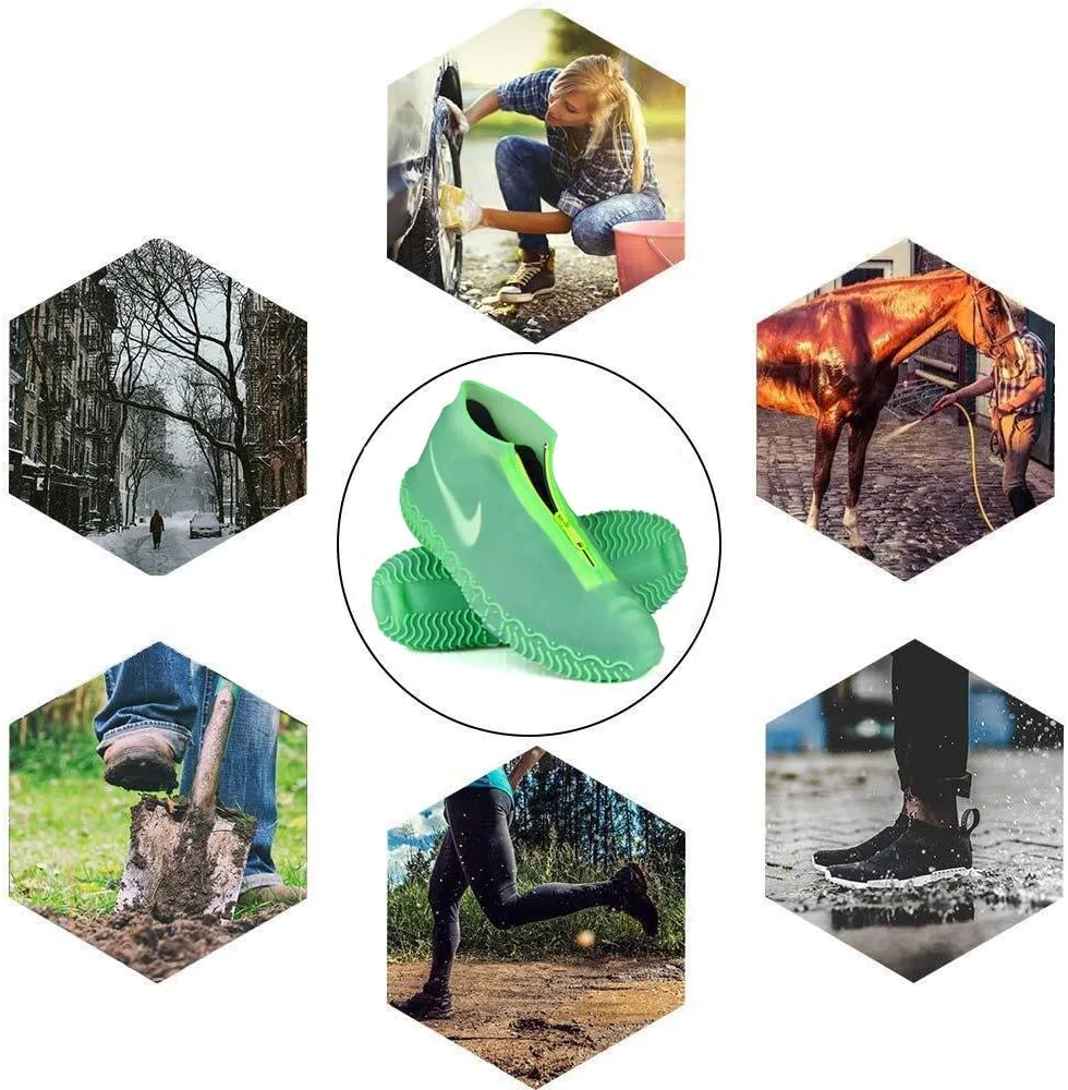 Waterproof Shoe Covers, Silicone Reusable Shoe Cover Non-slip Durable Zipper Elastic Rain Cover Protection for Men Women (L (Women 7.5-10.5, Men 6.5-9), Green)