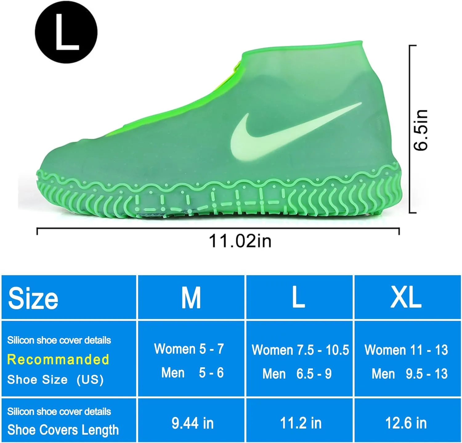 Waterproof Shoe Covers, Silicone Reusable Shoe Cover Non-slip Durable Zipper Elastic Rain Cover Protection for Men Women (L (Women 7.5-10.5, Men 6.5-9), Green)