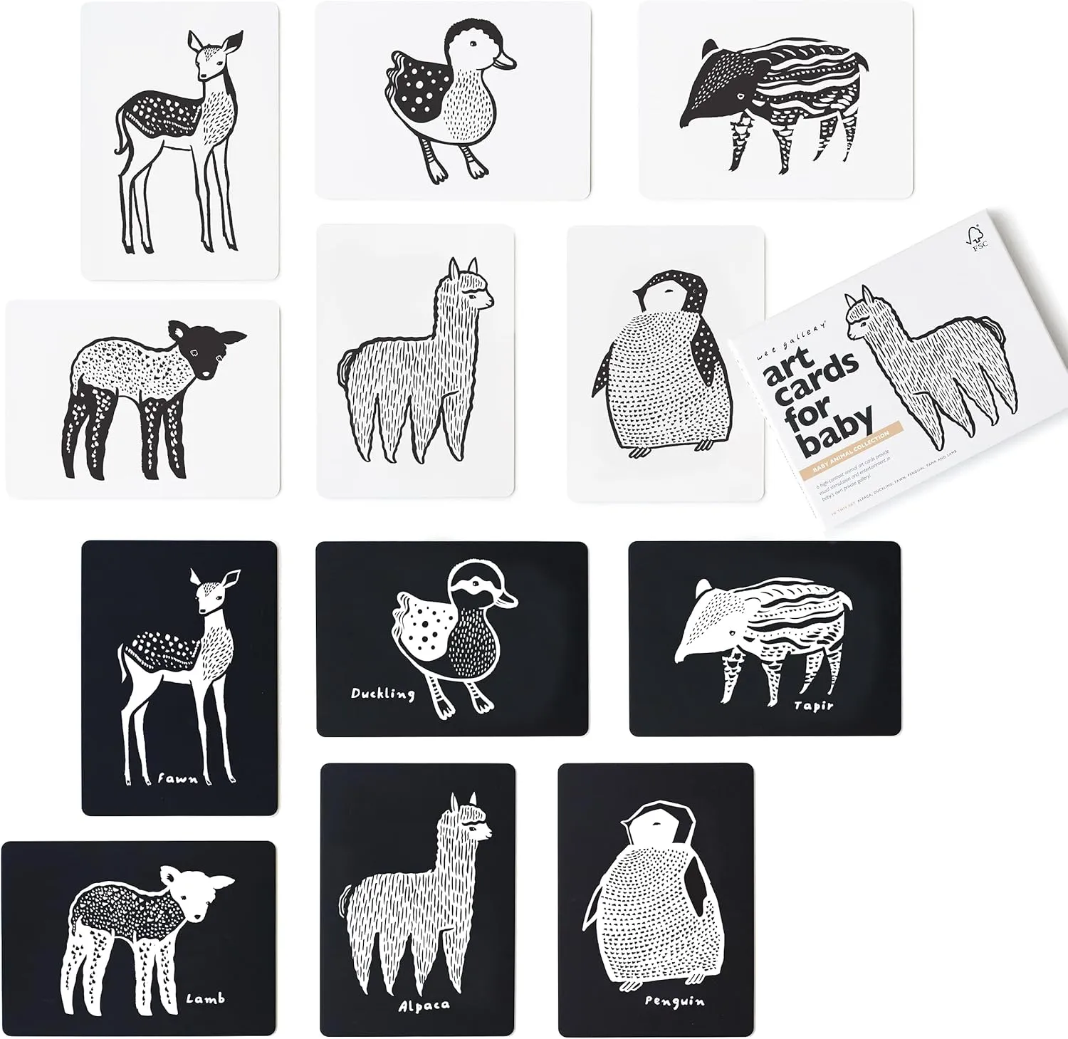 Wee Gallery Art Cards for Baby, Durable High Contrast Black and White Animal Flashcards for Newborns, Brain Development, Sensory Toys, Tummy Time Essentials for Infant and Toddler - Baby Animals
