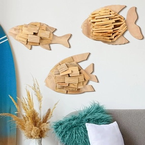 Wesiti 3 Pcs Driftwood Fish Nautical Wall Art Hand Crafted Coastal Beach Driftwood Decor Handmade Wooden Rustic Coastal Wall Art for Home Living Room Bedroom Office Bathroom Ocean Beach Decoration