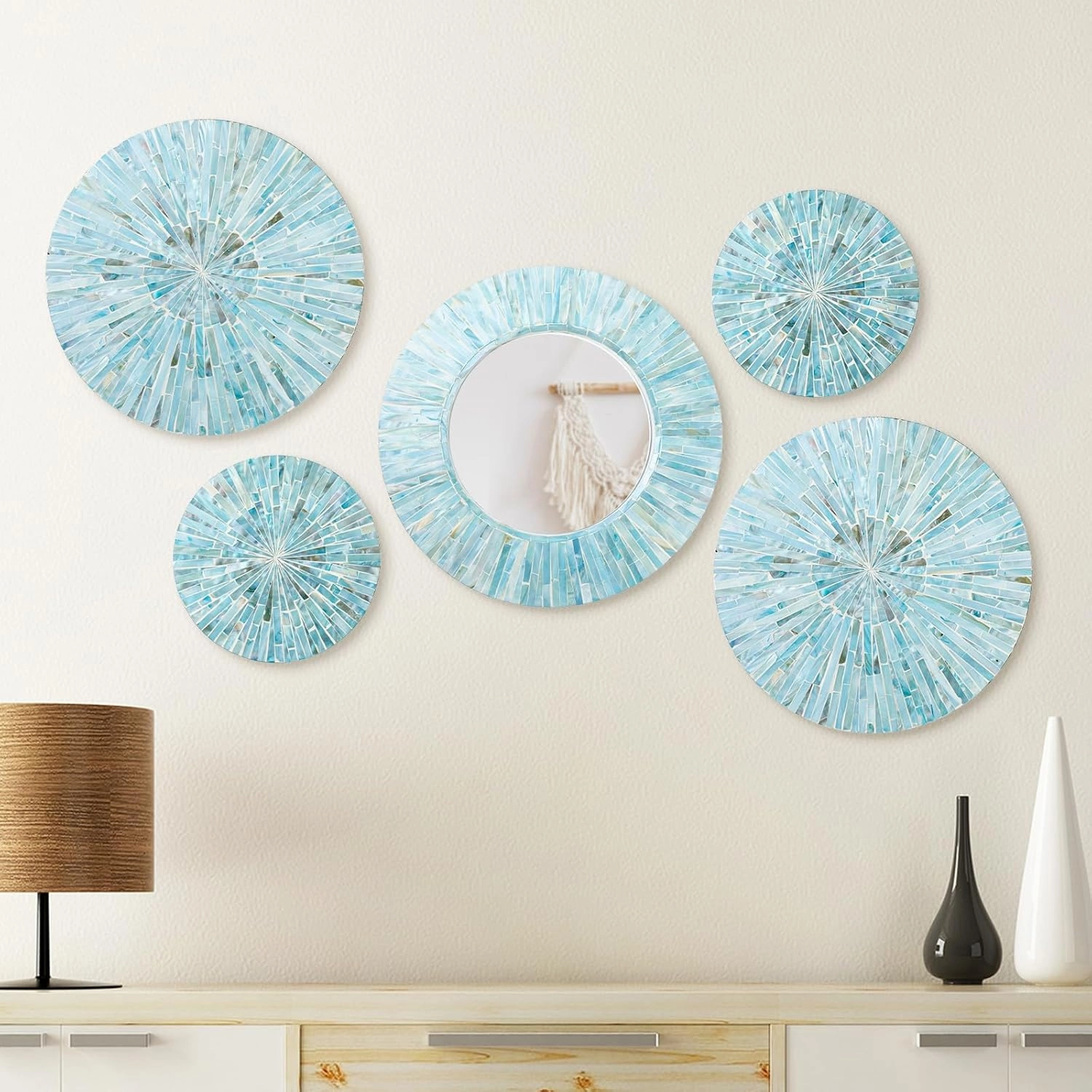 Wesiti 5 Pcs Natural Mother of Pearl Mirror Wall Decor Handmade Coastal Wall Plates Art Hanging Wall Art for Bedroom Bathroom Decoration