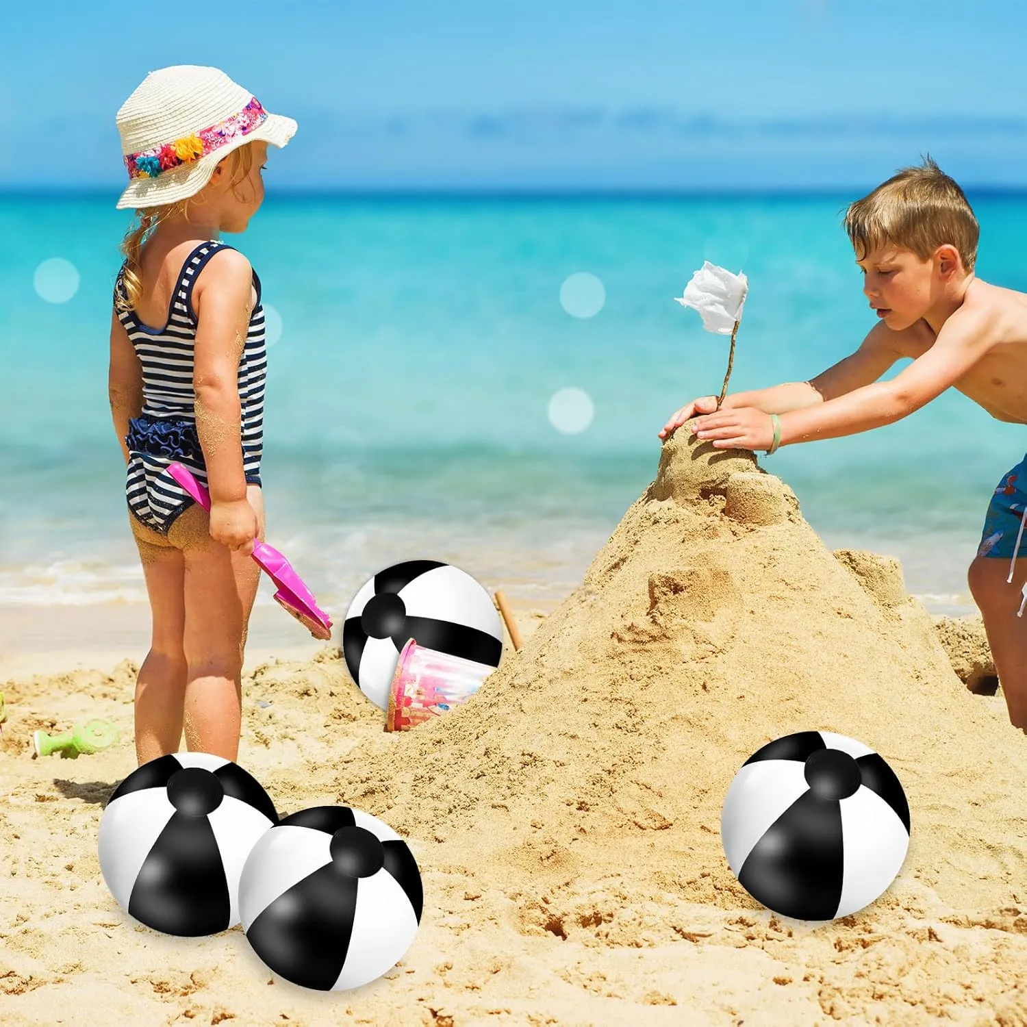 Whaline 16Pcs 16'' Black White Inflatable Beach Ball Round Pool PVC Balls Game Toys for Summer Hawaiian Tropical Theme Beach Party Decorations Water Sand Game Accessory