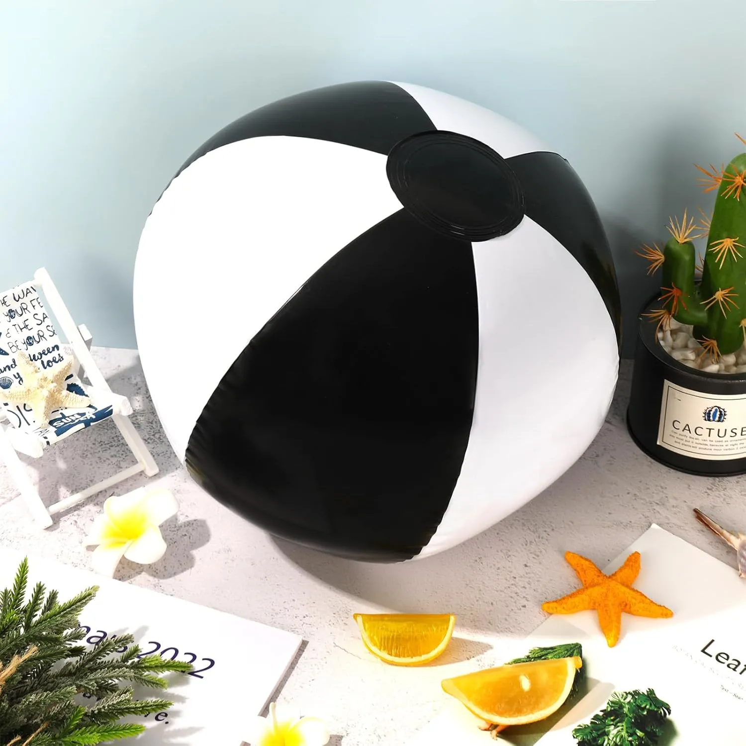 Whaline 16Pcs 16'' Black White Inflatable Beach Ball Round Pool PVC Balls Game Toys for Summer Hawaiian Tropical Theme Beach Party Decorations Water Sand Game Accessory