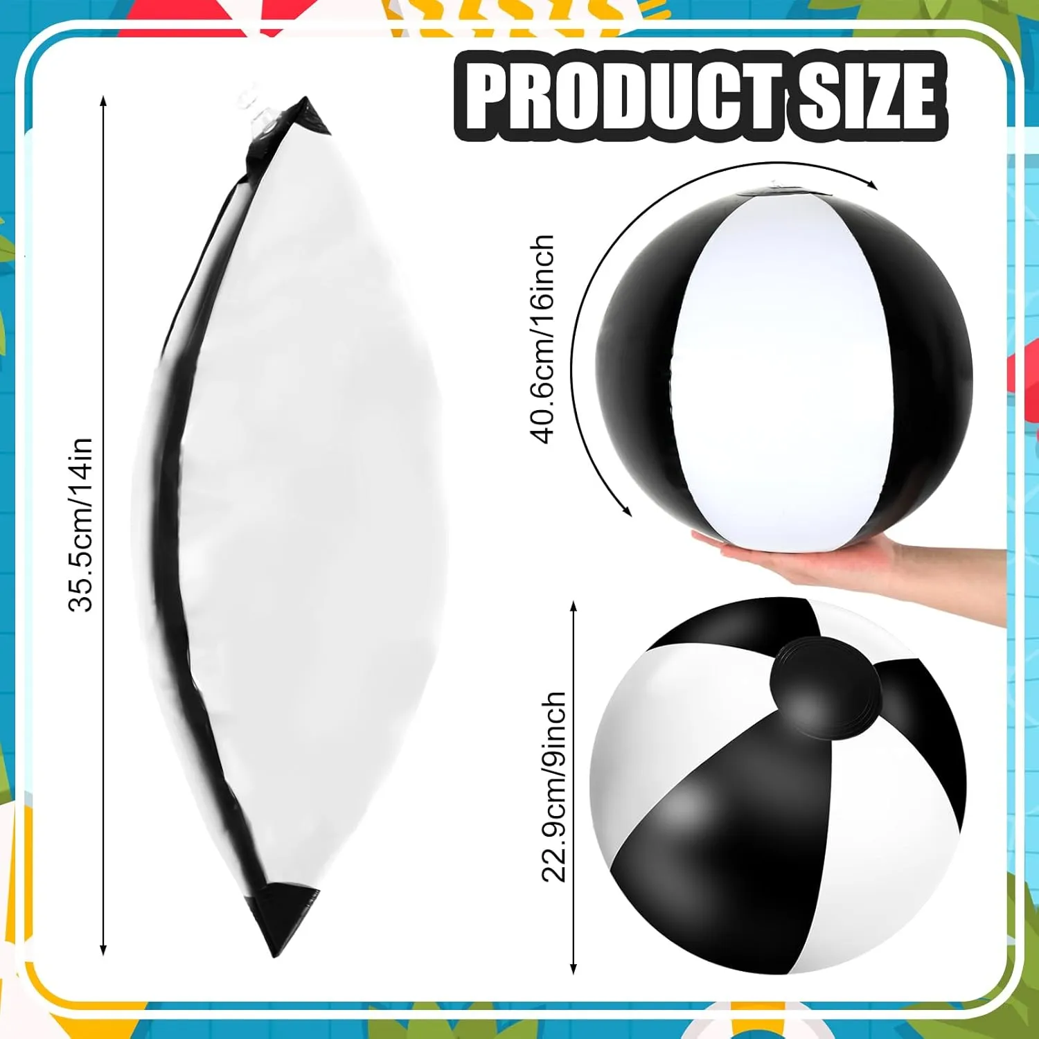 Whaline 16Pcs 16'' Black White Inflatable Beach Ball Round Pool PVC Balls Game Toys for Summer Hawaiian Tropical Theme Beach Party Decorations Water Sand Game Accessory