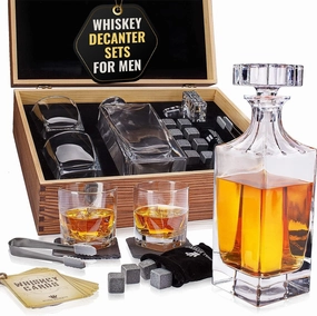 Whiskey Decanter Gift Set by Royal Reserve – Liquor Bourbon Decanter 34 oz 1000 ml with Glasses, Chilling Stones, Coasters and Tong – Whiskey Gifts for Men, Husband, Dad, Boyfriend