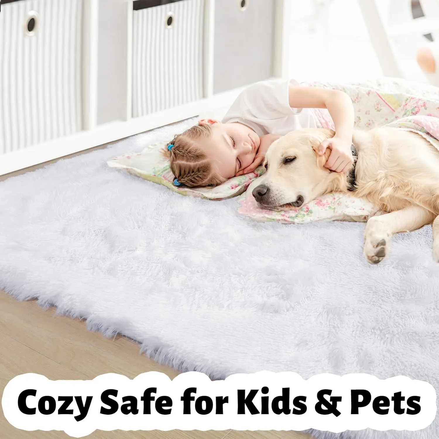 White Runner Area Rugs for Bedroom, Shag Fluffy Bedside Rug for Living Room, Modern Furry Shaggy Throw Rug for Kids Room, Teen Girls, Dorm, Baby Nursery, Cute Fuzzy White Carpet, 3x5 Rug, Home Decor