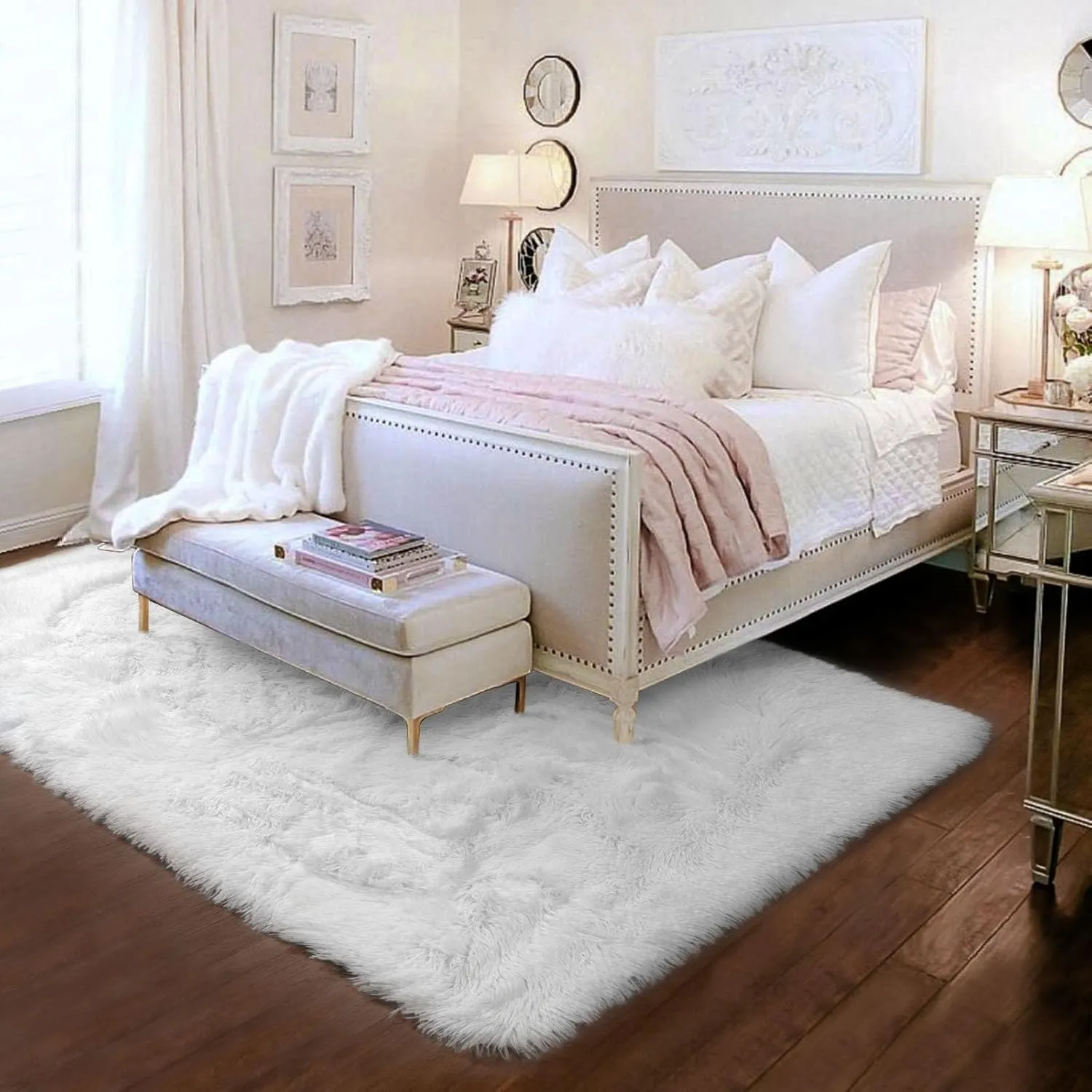 White Runner Area Rugs for Bedroom, Shag Fluffy Bedside Rug for Living Room, Modern Furry Shaggy Throw Rug for Kids Room, Teen Girls, Dorm, Baby Nursery, Cute Fuzzy White Carpet, 3x5 Rug, Home Decor