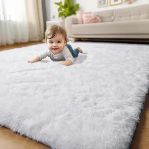 White Runner Area Rugs for Bedroom, Shag Fluffy Bedside Rug for Living Room, Modern Furry Shaggy Throw Rug for Kids Room, Teen Girls, Dorm, Baby Nursery, Cute Fuzzy White Carpet, 3x5 Rug, Home Decor