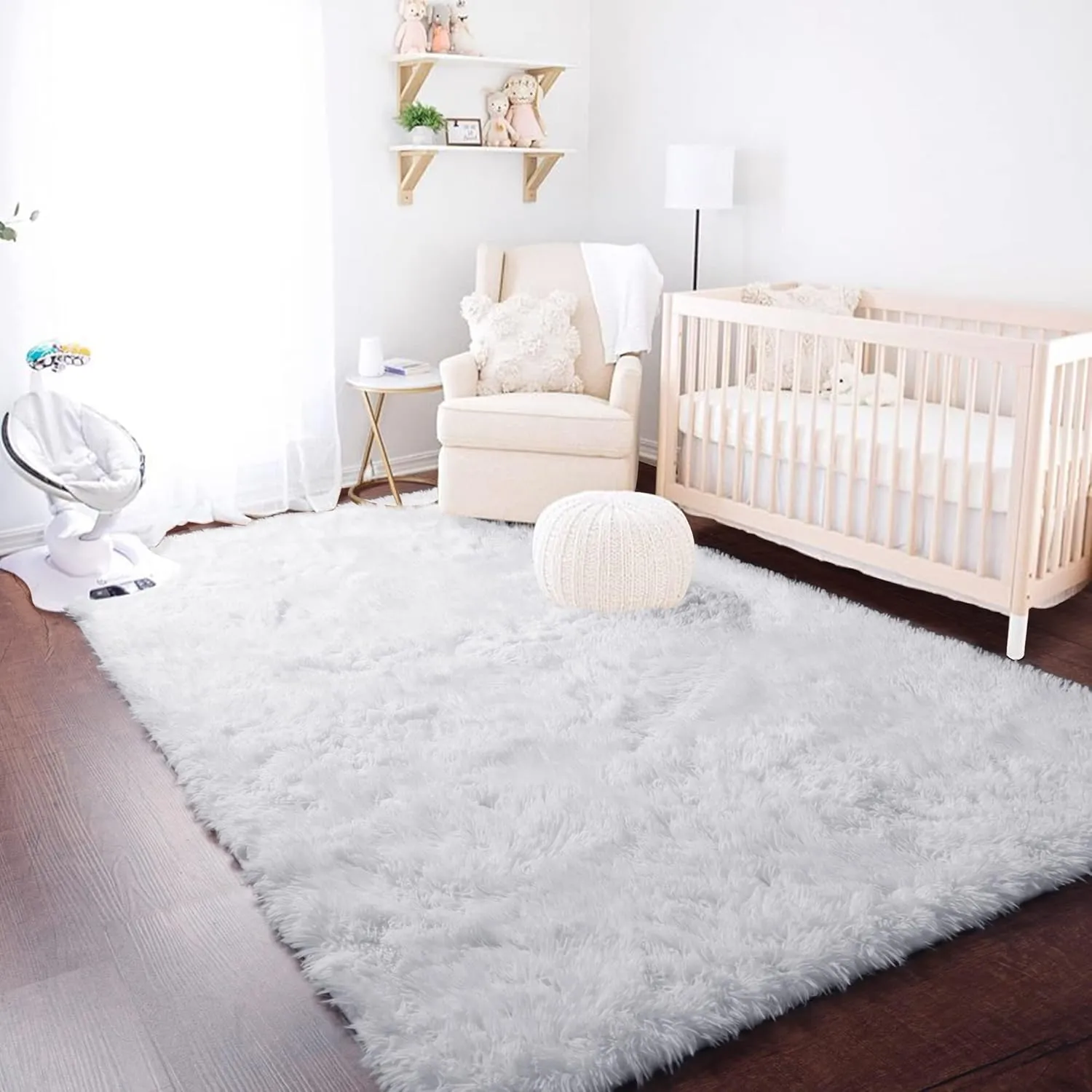 White Runner Area Rugs for Bedroom, Shag Fluffy Bedside Rug for Living Room, Modern Furry Shaggy Throw Rug for Kids Room, Teen Girls, Dorm, Baby Nursery, Cute Fuzzy White Carpet, 3x5 Rug, Home Decor