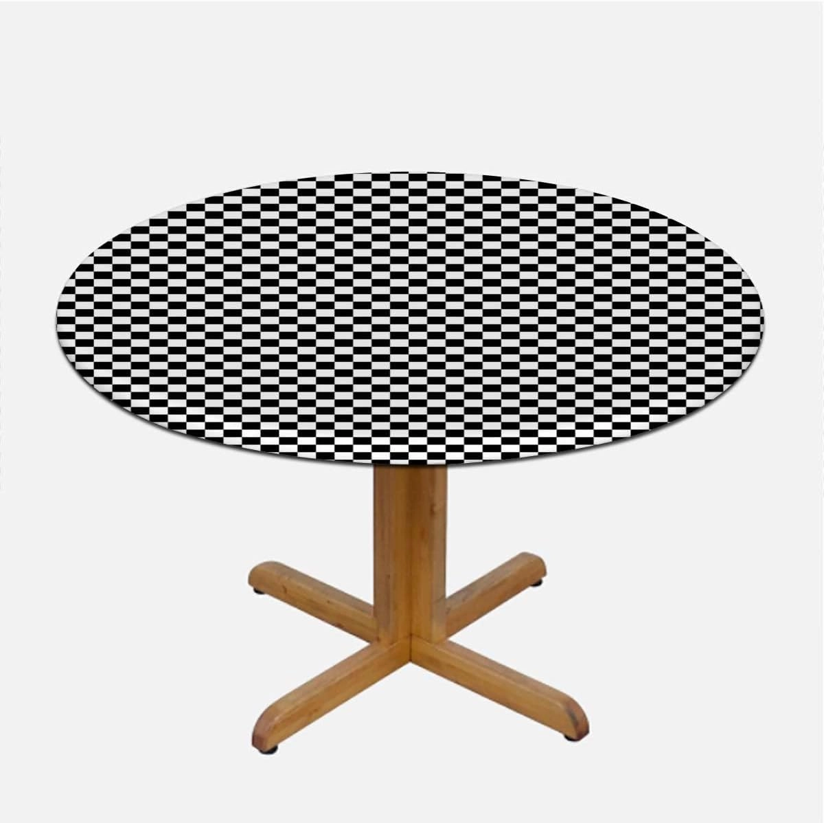White Charcoal Tablecloth -Fitted with Elastic Checkers Game Geometric Grid Style Elastic Edge, Waterproof and wipeable Checkered Fits up 40"-44" Diameter Tables