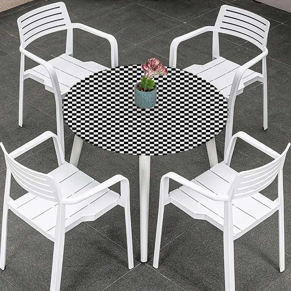 White Charcoal Tablecloth -Fitted with Elastic Checkers Game Geometric Grid Style Elastic Edge, Waterproof and wipeable Checkered Fits up 40"-44" Diameter Tables