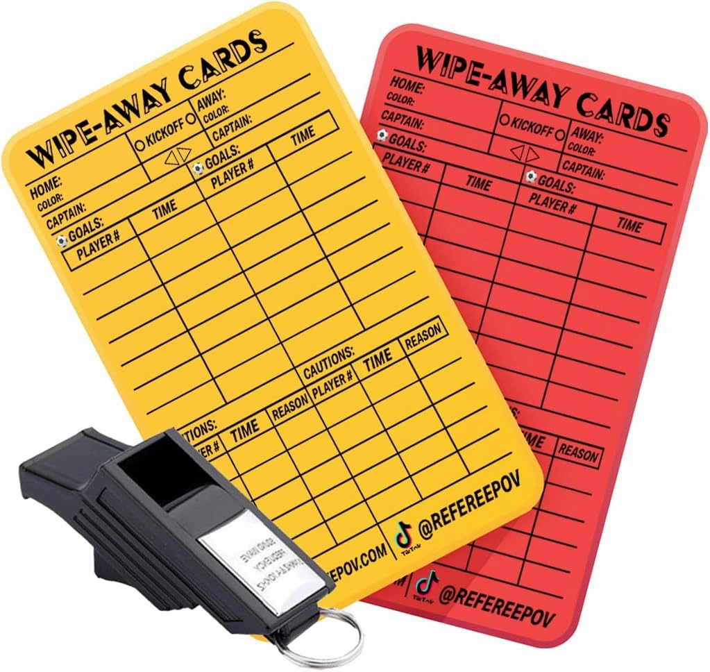 Wipe-Away Soccer Referee Card Set & Premium Pro Whistle, Yellow, Red, Black