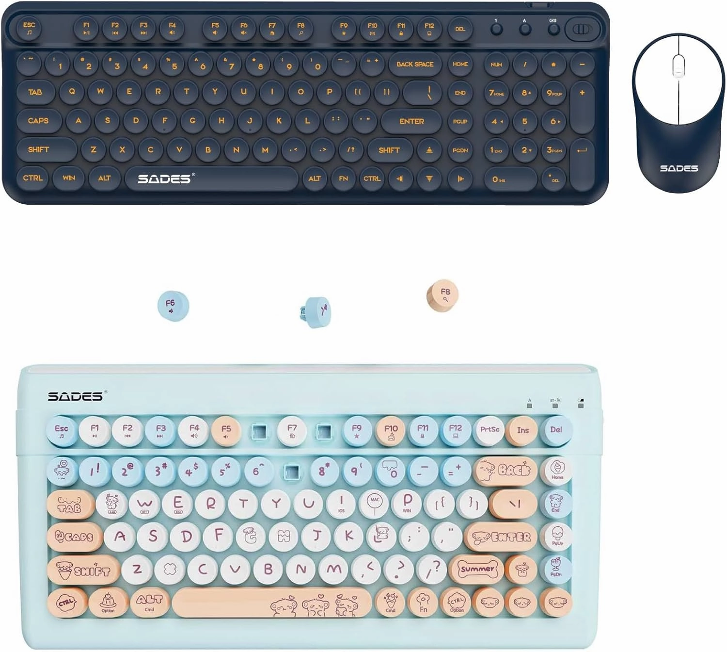 Wireless Keyboard and Mouse Combo & Bluetooth Keyboard, Typewriter Retro Round Keycaps Keyboard(Blue and Light Blue)