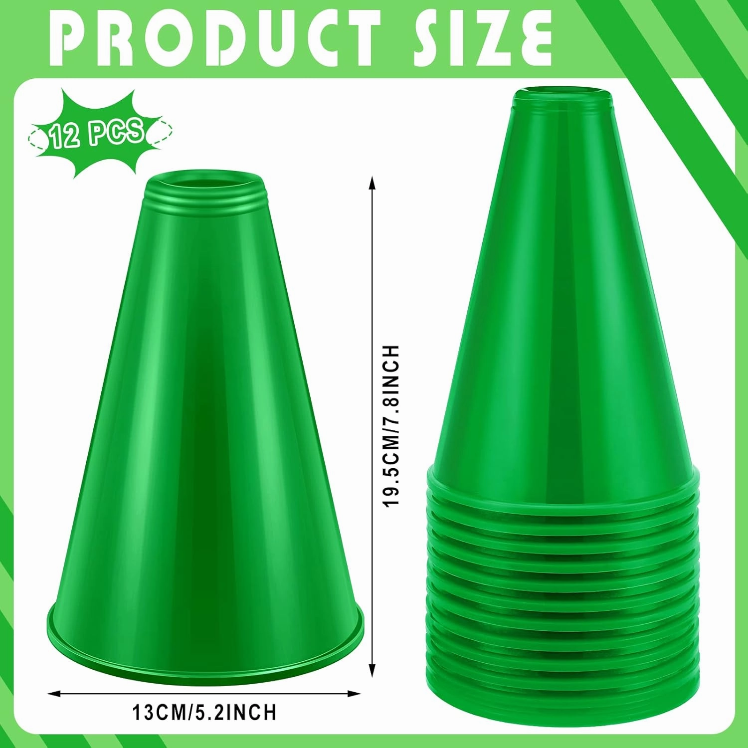 Woanger 12 Pieces Cheer Megaphone for Party Favors Sports Cheers Party Noisemaker DIY Plastic Megaphone for Sports Match Game Outdoor Activities(Green)