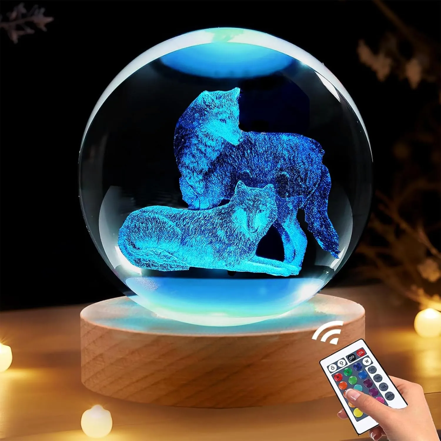 Wolf Gifts, 3.15in 3D Wolfs Figurine Crystal Ball Lamp with Remote Control, Wolf Decor for Bedroom, Birthday Christmas for Kids Mens Boys Women