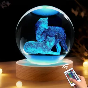 Wolf Gifts, 3.15in 3D Wolfs Figurine Crystal Ball Lamp with Remote Control, Wolf Decor for Bedroom, Birthday Christmas for Kids Mens Boys Women