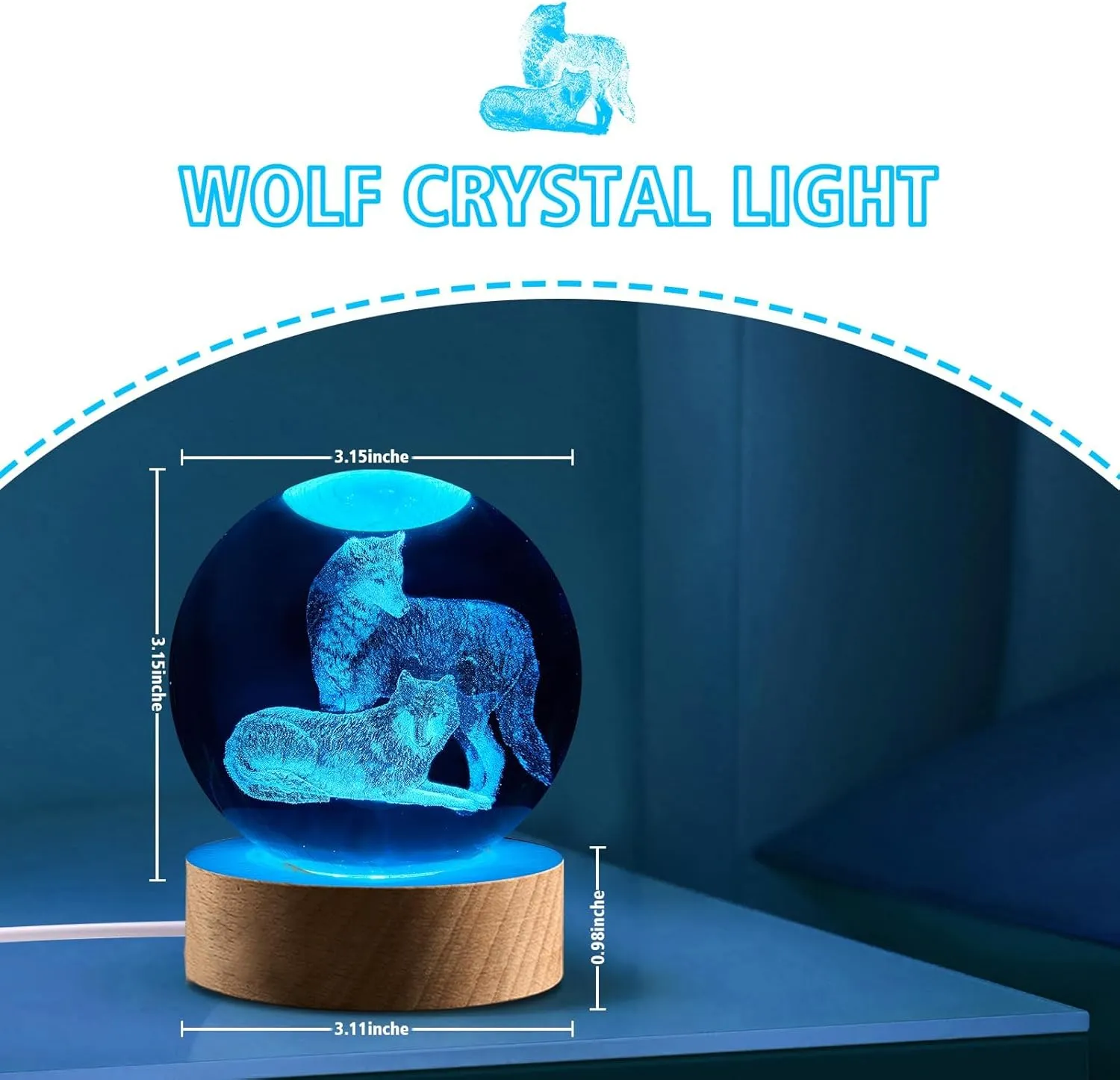 Wolf Gifts, 3.15in 3D Wolfs Figurine Crystal Ball Lamp with Remote Control, Wolf Decor for Bedroom, Birthday Christmas for Kids Mens Boys Women