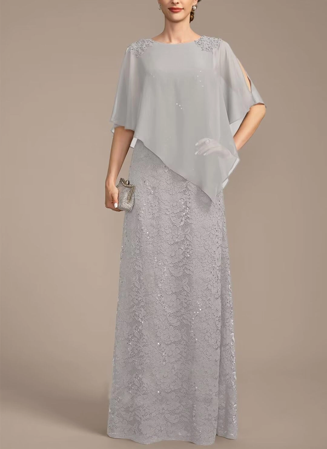 Women's 2Pcs Lace Chiffon Mother of The Bride Dress Cape Floor Length Formal Evening Gown with Jacket