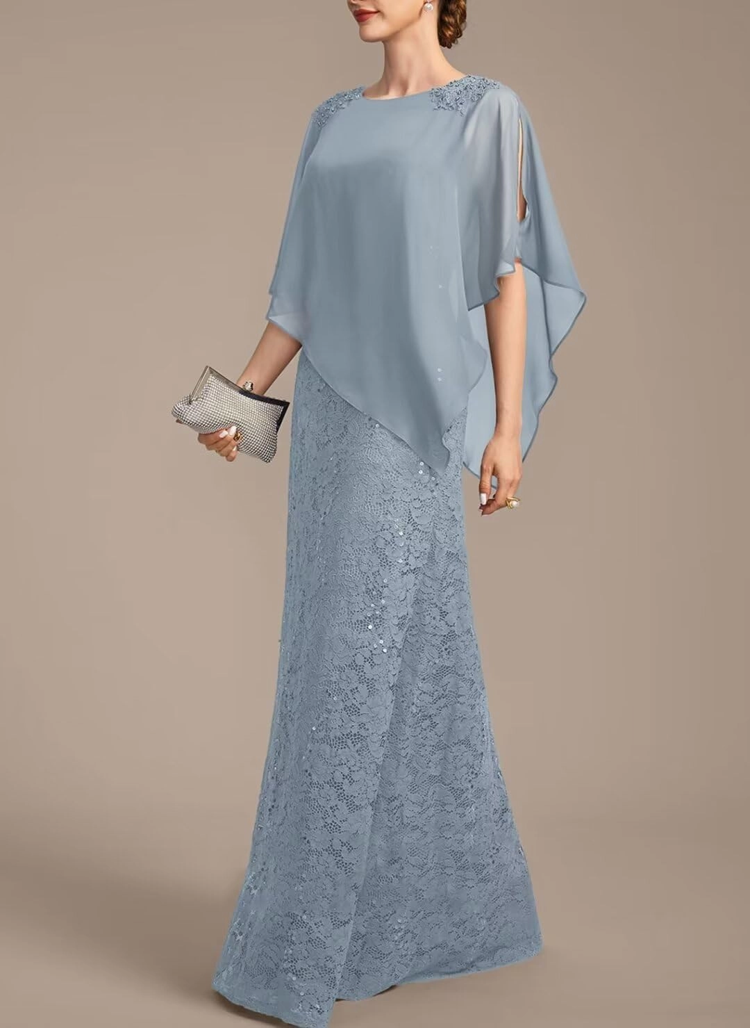 Women's 2Pcs Lace Chiffon Mother of The Bride Dress Cape Floor Length Formal Evening Gown with Jacket