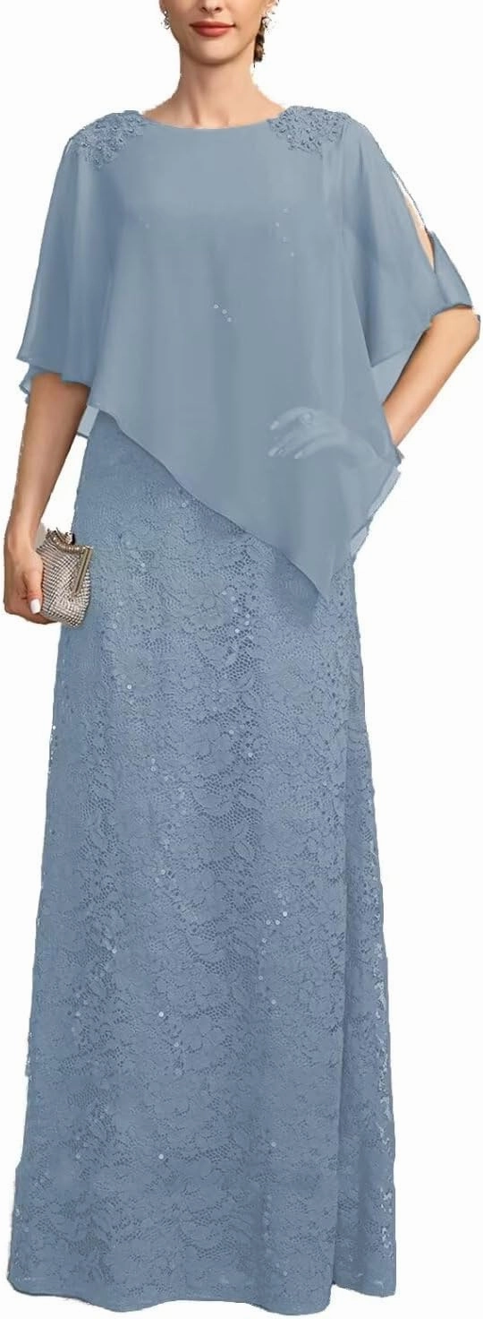 Women's 2Pcs Lace Chiffon Mother of The Bride Dress Cape Floor Length Formal Evening Gown with Jacket