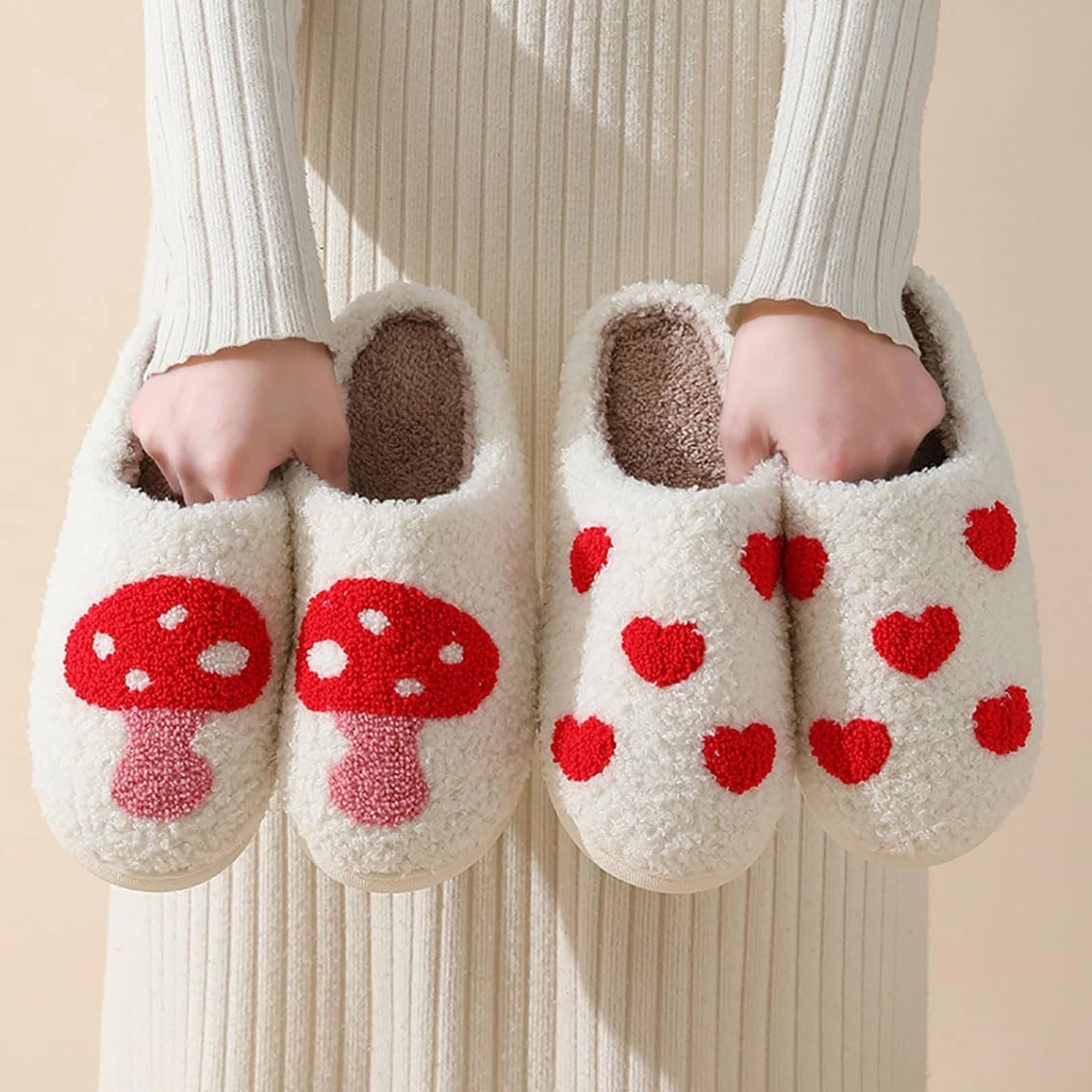 Women's Plush Heart Love Slippers - Blue Eyes Mushroom Cat Ears Retro Memory Foam Soft Plush Home Shoes