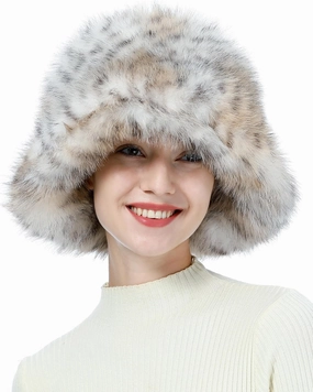Women's Winter Faux Fur Bucket Hat Fluffy Warm Ladie's Plush Leopard Printed Fisherman Cap