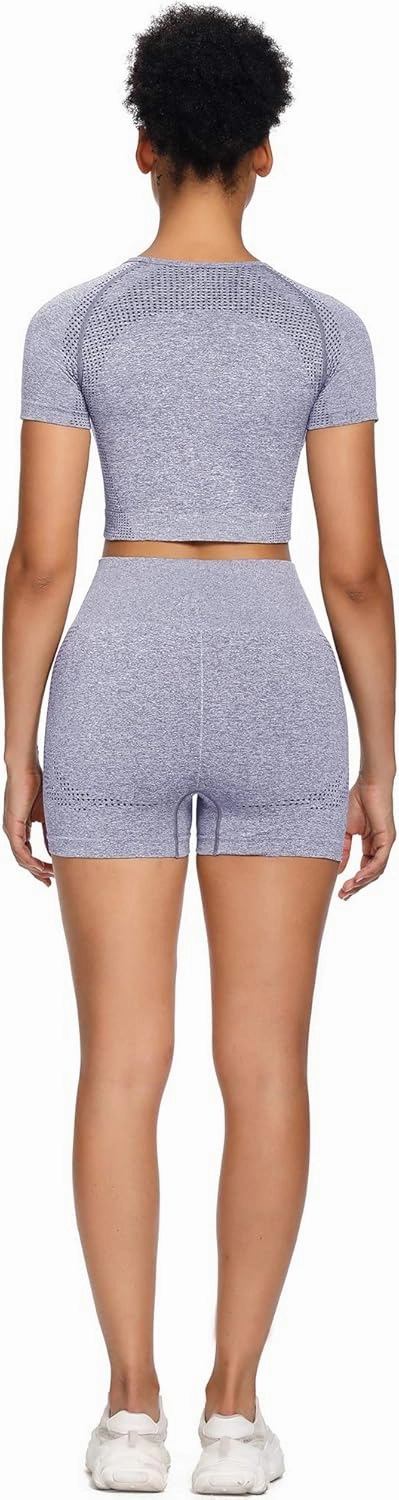 Women Seamless Yoga Outfits 2 Piece Set Workout Gym Shorts   Short Sleeve Crop Top