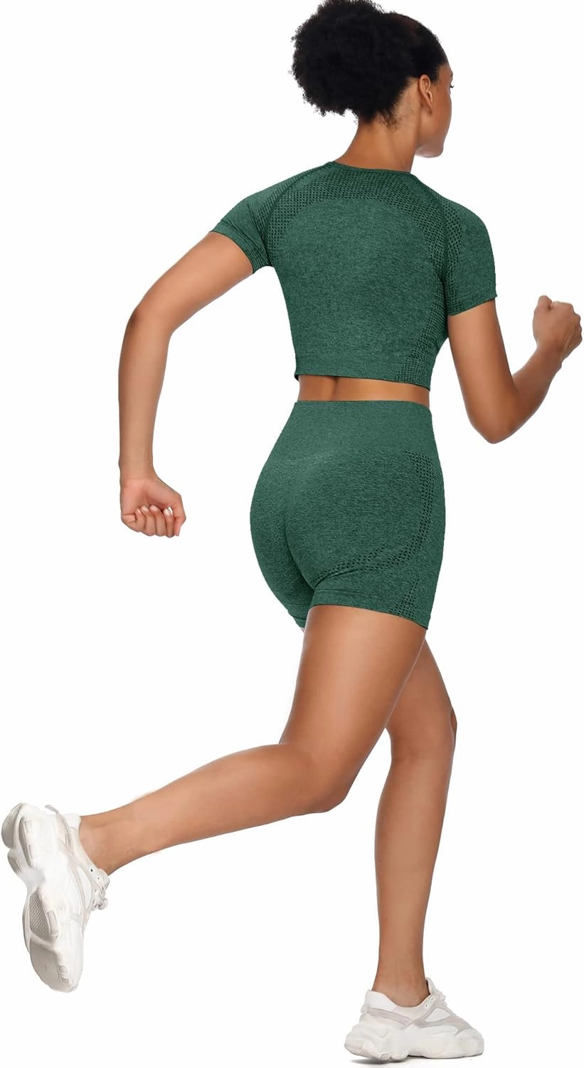 Women Seamless Yoga Outfits 2 Piece Set Workout Gym Shorts   Short Sleeve Crop Top