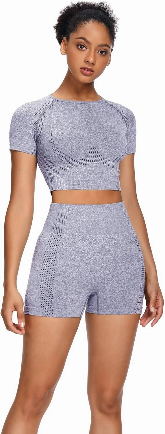 Women Seamless Yoga Outfits 2 Piece Set Workout Gym Shorts   Short Sleeve Crop Top