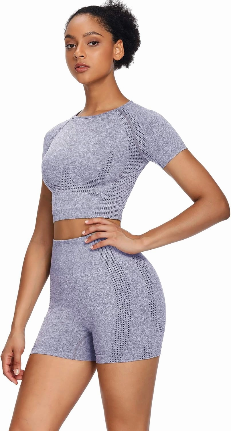 Women Seamless Yoga Outfits 2 Piece Set Workout Gym Shorts   Short Sleeve Crop Top