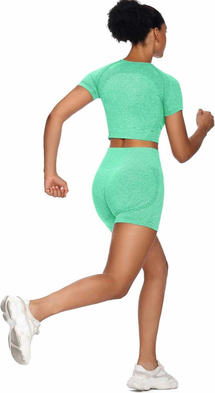 Women Seamless Yoga Outfits 2 Piece Set Workout Gym Shorts   Short Sleeve Crop Top