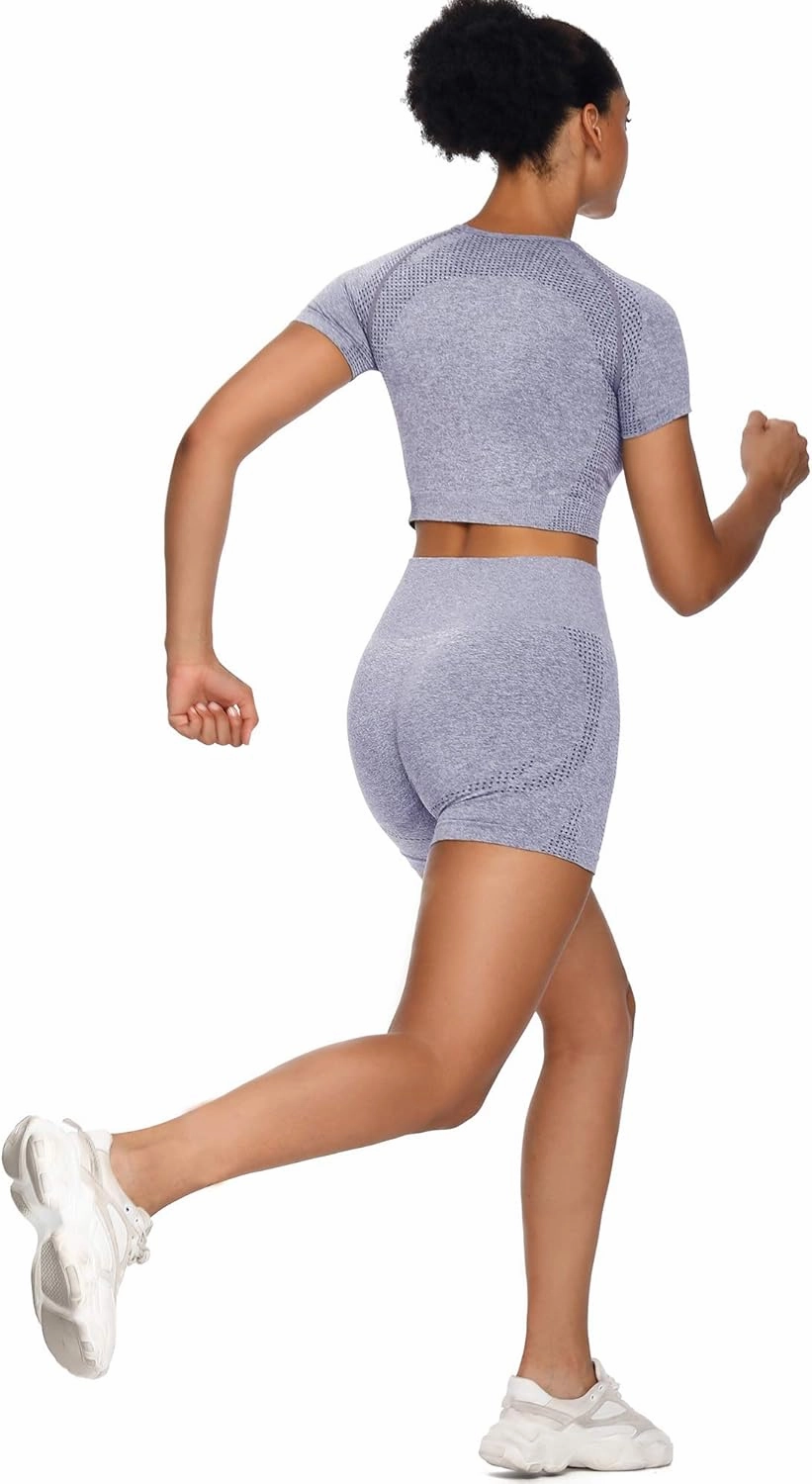 Women Seamless Yoga Outfits 2 Piece Set Workout Gym Shorts   Short Sleeve Crop Top