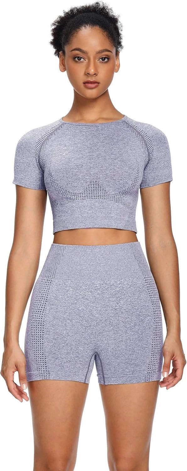 Women Seamless Yoga Outfits 2 Piece Set Workout Gym Shorts   Short Sleeve Crop Top