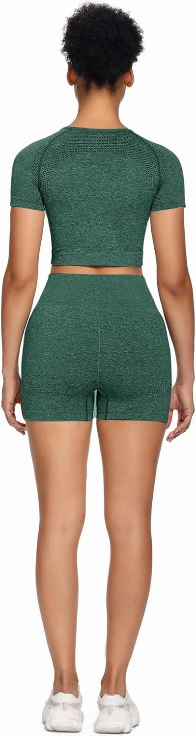 Women Seamless Yoga Outfits 2 Piece Set Workout Gym Shorts   Short Sleeve Crop Top