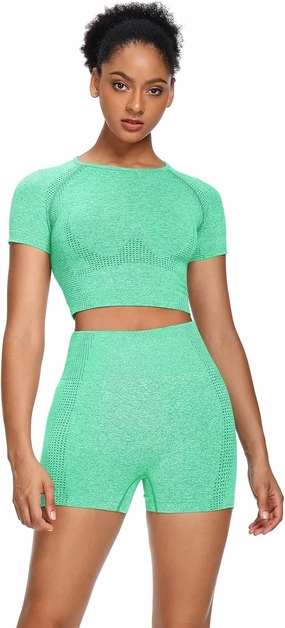 Women Seamless Yoga Outfits 2 Piece Set Workout Gym Shorts   Short Sleeve Crop Top