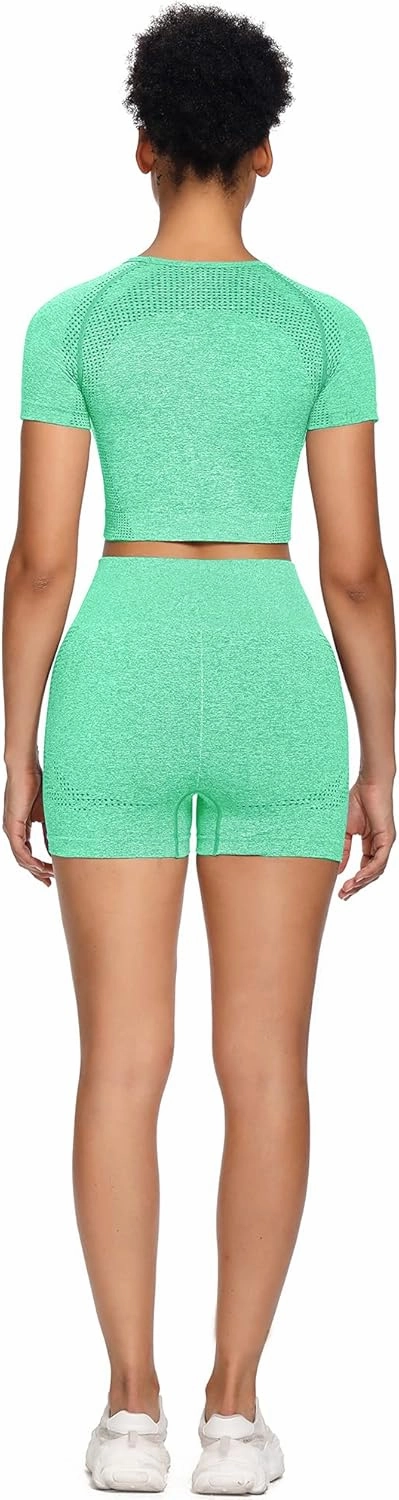 Women Seamless Yoga Outfits 2 Piece Set Workout Gym Shorts   Short Sleeve Crop Top