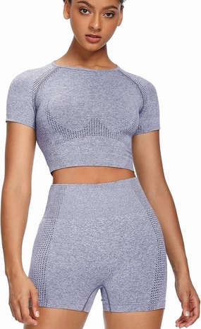 Women Seamless Yoga Outfits 2 Piece Set Workout Gym Shorts   Short Sleeve Crop Top
